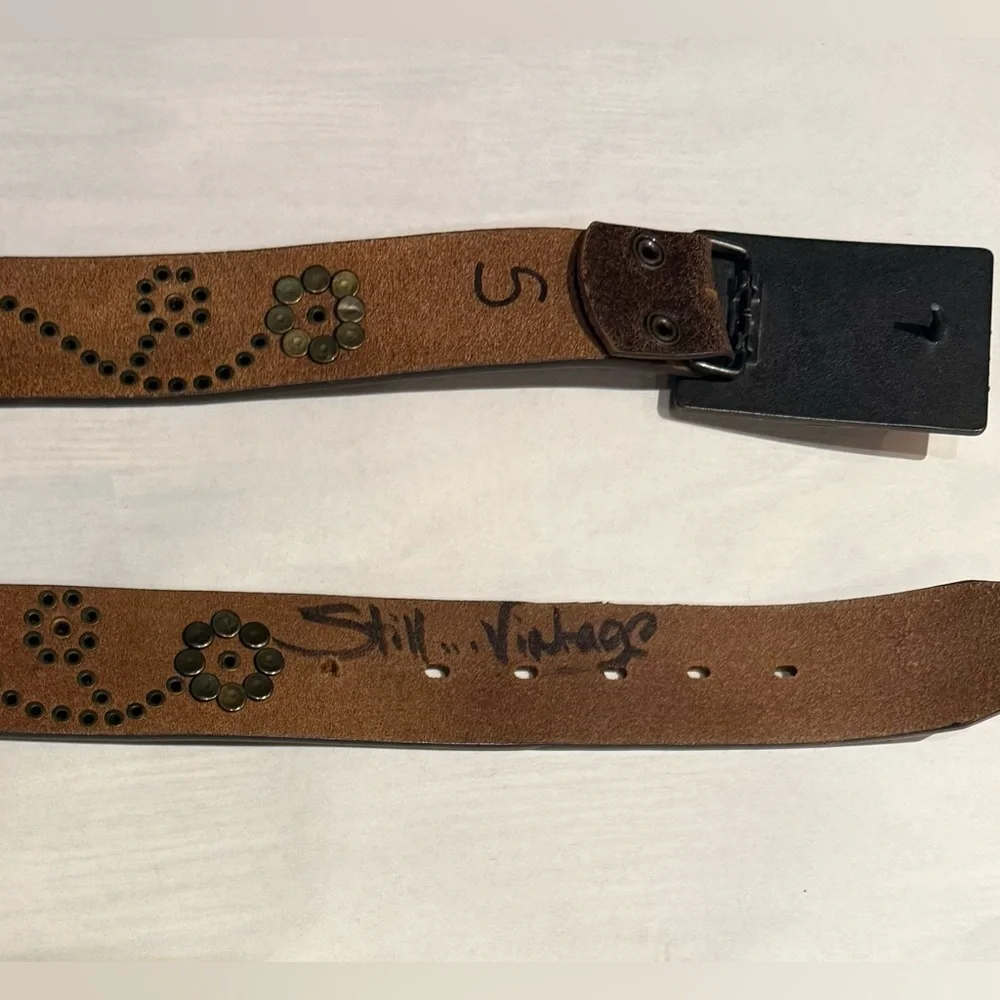 Floral Studded Brown Leather Belt w/Filigree Enamel Belt Buckle Small